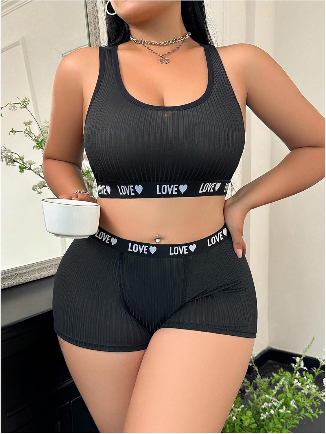 OYOANGLE Women's Plus Size 2 Piece Lingerie Set Letter Print Matching Sports Bra and Boyshorts Panties Underwear