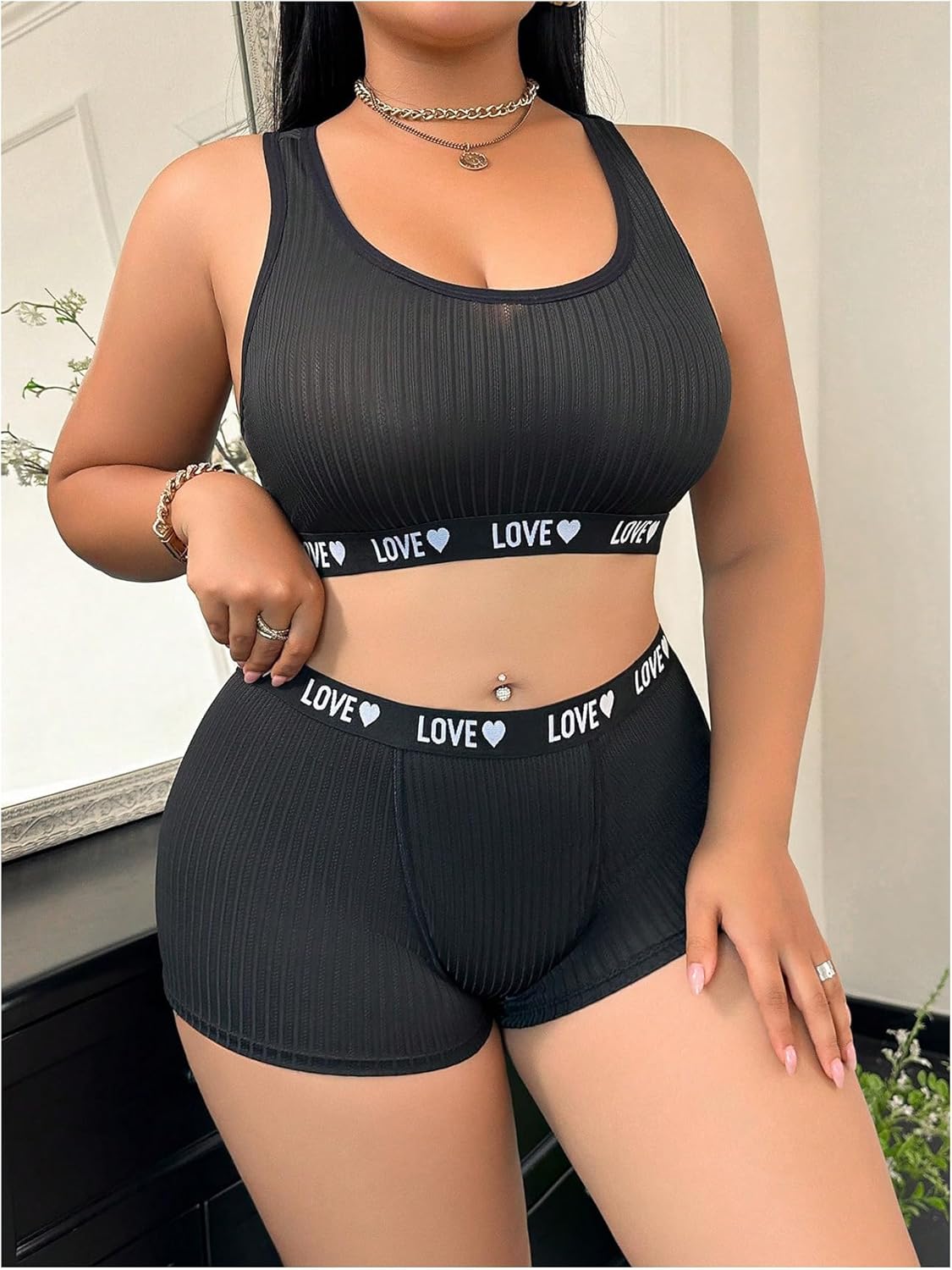 OYOANGLE Women's Plus Size 2 Piece Lingerie Set Letter Print Matching Sports Bra and Boyshorts Panties Underwear