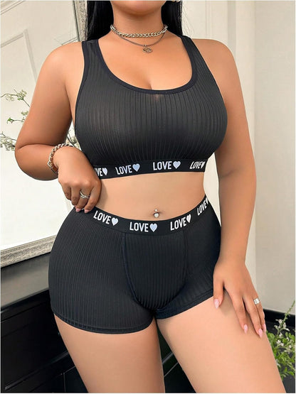 OYOANGLE Women's Plus Size 2 Piece Lingerie Set Letter Print Matching Sports Bra and Boyshorts Panties Underwear