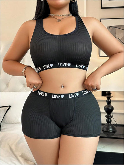 OYOANGLE Women's Plus Size 2 Piece Lingerie Set Letter Print Matching Sports Bra and Boyshorts Panties Underwear