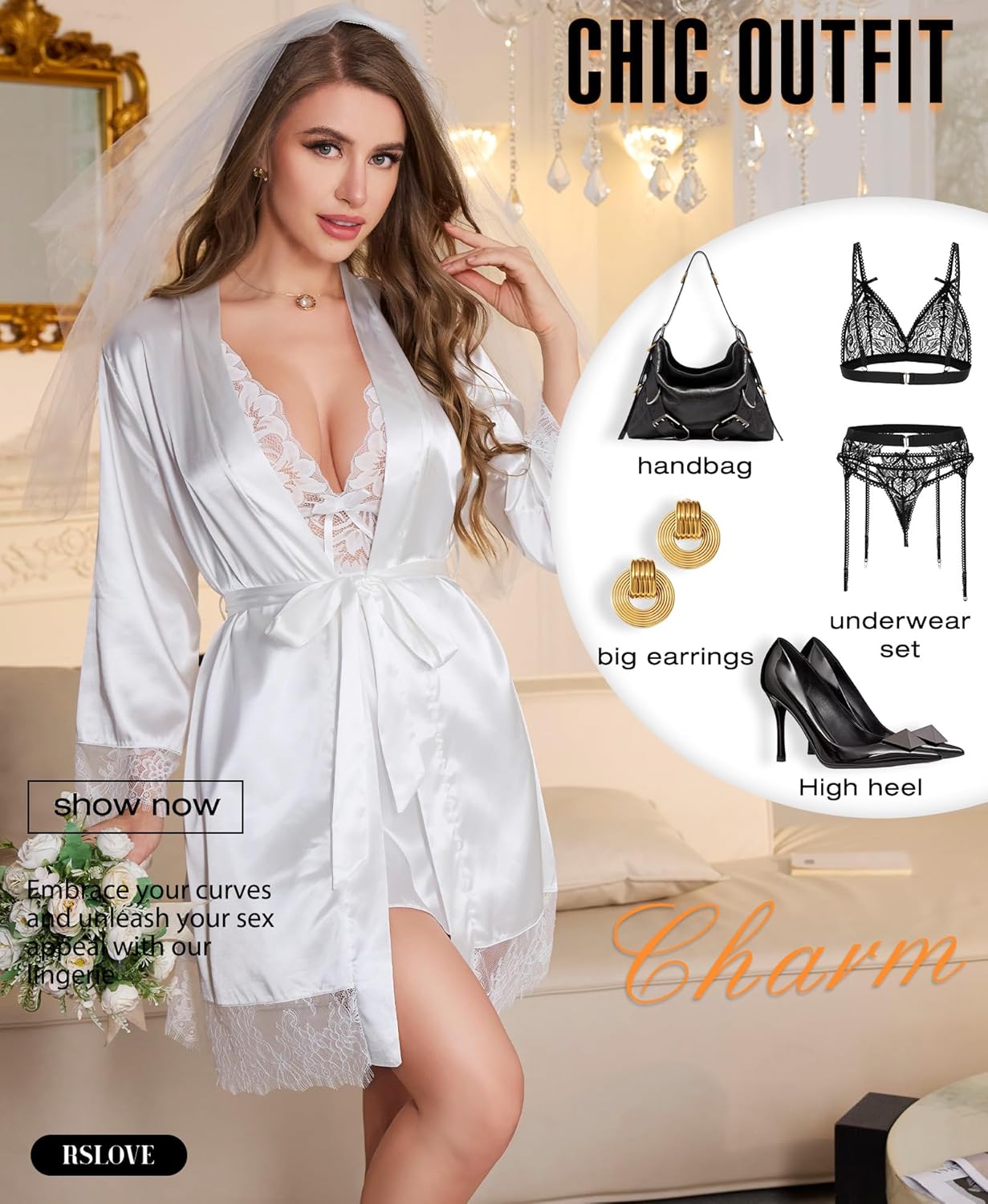 RSLOVE Women’s Satin Lace Lingerie Set – 2-Piece Babydoll Nightgown & Kimono Robe, Sexy Strap Chemise Bride Comfy Sleepwear